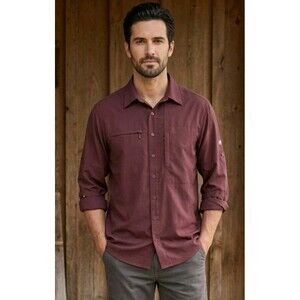 Solaris Men's Shirt Size L Button Long Sleeve Purple Vent Pockets Tab Sleeves...